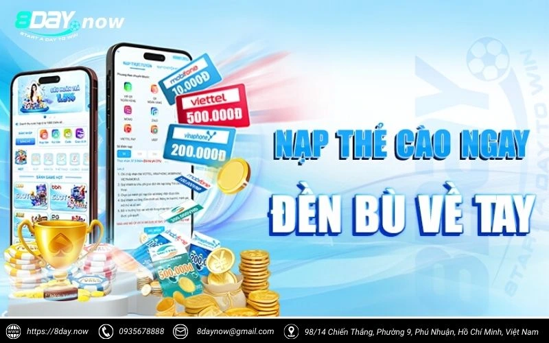 Chương trình khuyến mãi "Nạp Thẻ Cào Ngay - Đền Bù Về Tay" tại 8DAY 1 khuyen mai 8day nap the cao ngay den bu ve tay
